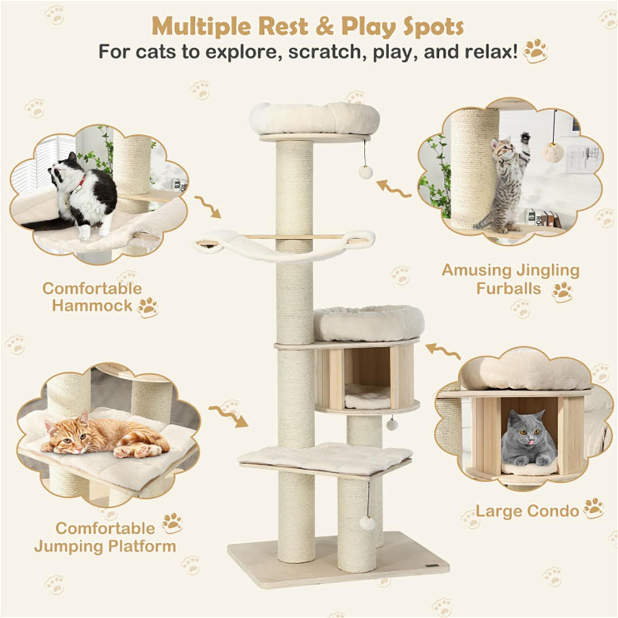 Kadyn 68" Wood Cat Tree Tower for Indoor Cats, Multi-Level Cat Condo with Scratching Posts, Perch, Washable Removable Cushions, Cat Furniture, Beige