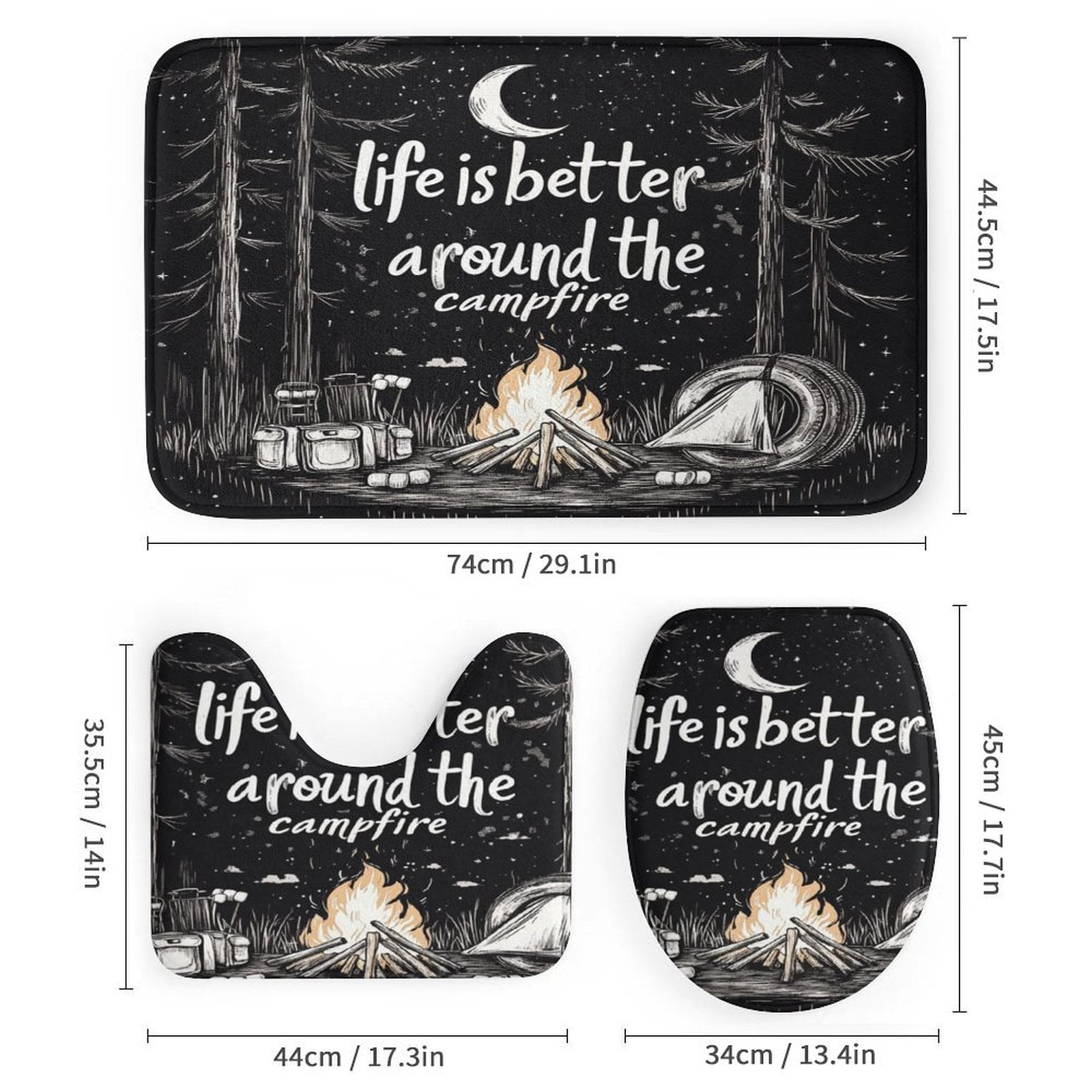 4 Piece Bathroom Rug Set with Shower Curtain Rug Toilet Lid Cover And Non-Slip U Shape Mat Life Is Better Around The Campfire Waterproof Fabric Bath Curtain Campfire Woodcut Adventure