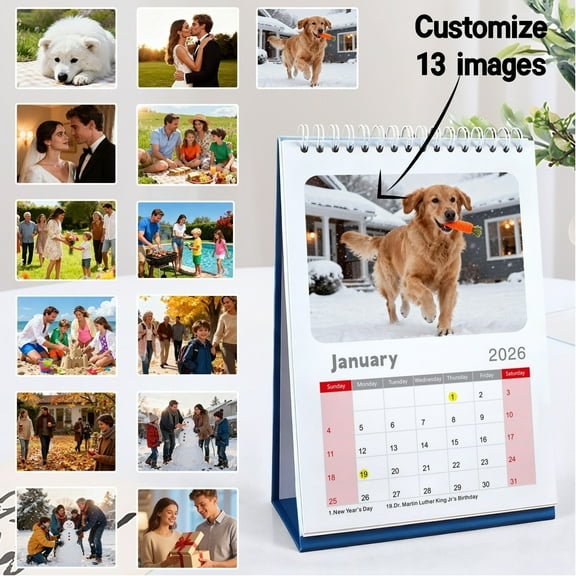 cpengpj 2026 Personalized Photo Desk Calendar, Custom 13 Images, 2 Layouts (Horizontal/Vertical), Red/Blue, Glossy Coated Card, Home Office Christmas Gift