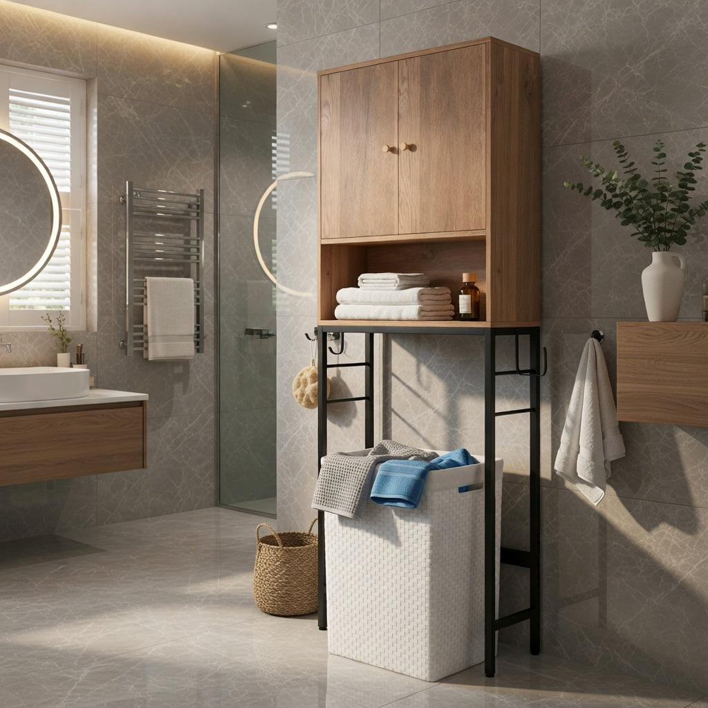 Hommoo Over the Toilet Storage Cabinet with 2 Doors & Adjustable Shelf Woodgrain Finish, Space-Saving Bathroom Organizer for Toilets, Natural