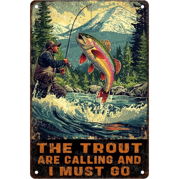 Rustic Metal Tin Sign The Trout Are Calling Wall Art 8x12 Inch Fishing Cabin Decor