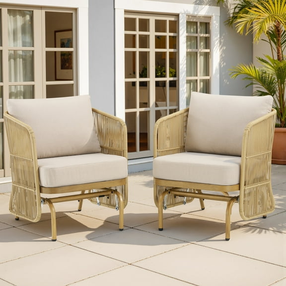 PPorfamilia Outdoor Glider Chairs Set of 2, Natural Wicker and Beige Cushions