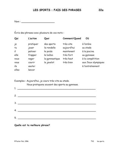 The Fsl Classroom Les Sports French Reproducible Teaching Activities