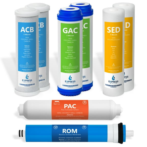 Express Water 1 Year Reverse Osmosis System Replacement Filter Set 8 Filters with 100 GPD RO Membrane Carbon GAC ACB PAC Filters Sediment SED Filters 10 inch Size Water Filters