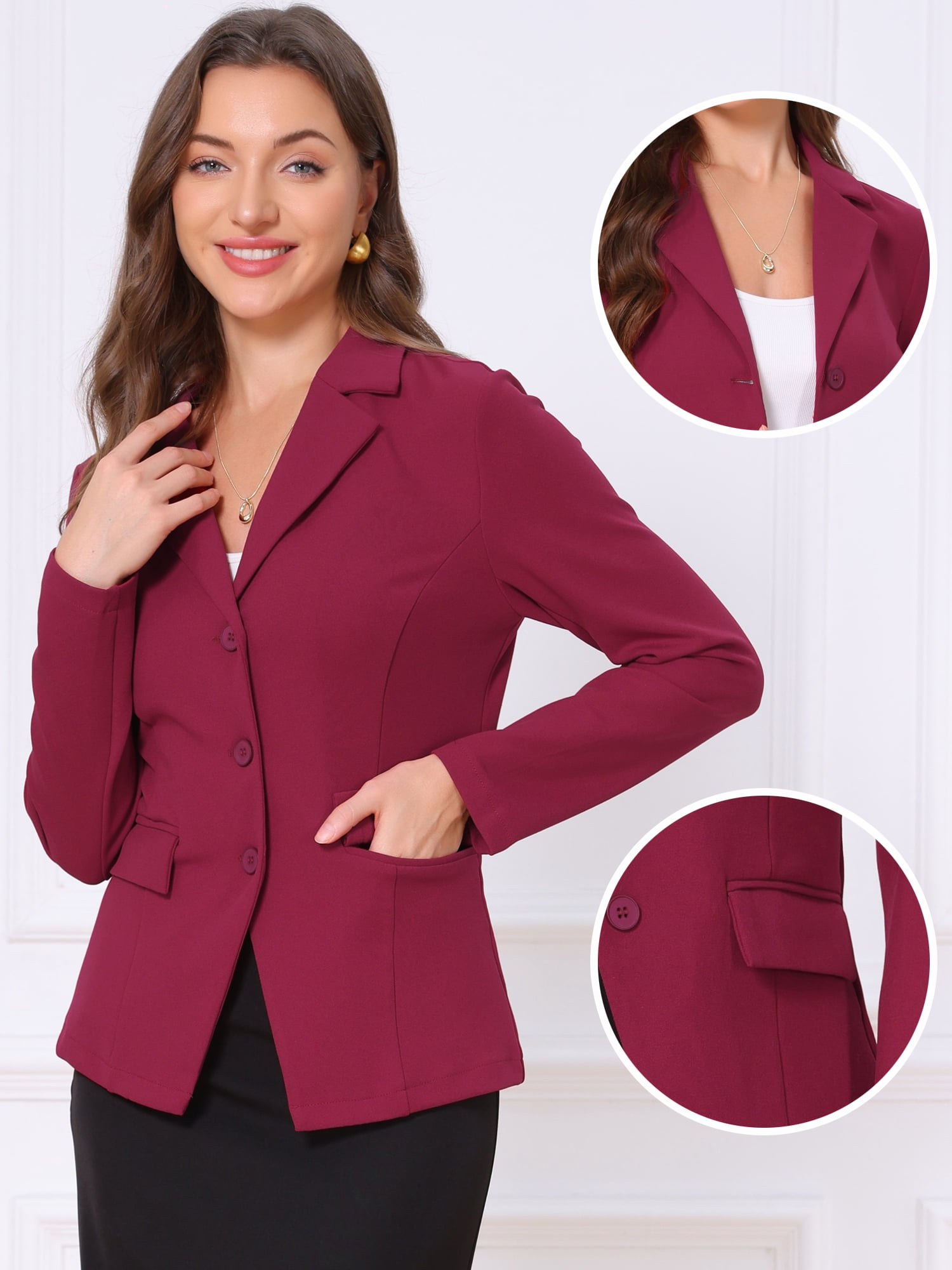 DARING DIVA Women's Stylish Business Professional Blazers M Wine Red