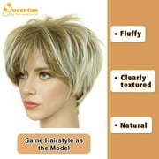 QUEENTAS Short Blonde Pixie Cut Wig for Women, Natural Looking Layered Wig with Bangs, Glueless Easy Wear Synthetic Hair Wig with Adjustable Cap, Brown Root Ombre