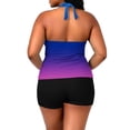 thumbnail image 6 of Fewfanhot Women's Halter Padded Bikini Two Piece Swimsuit Set, Deep V-Neck Tie Dye Gradient Color Top & Swim Shorts, High Waist Tummy Control Bathing Suit, Plus Size, 6 of 7