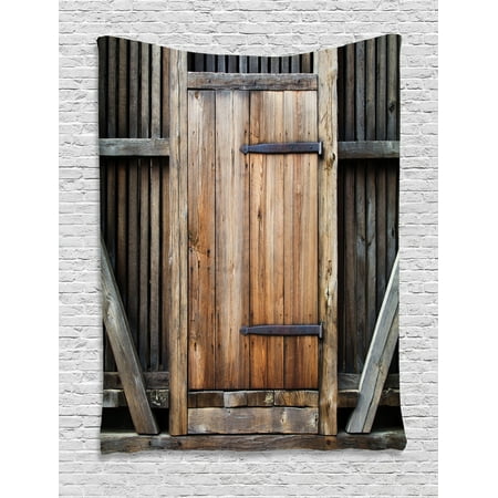 Wooden Doors For Bedrooms Antique Tapestry, Rustic Antique Wooden Door Exterior Facades Rural Barn Timber Weathered Display, Wall Hanging for Bedroom Living Room Dorm Decor, Brown Orange, by Ambesonne ()
