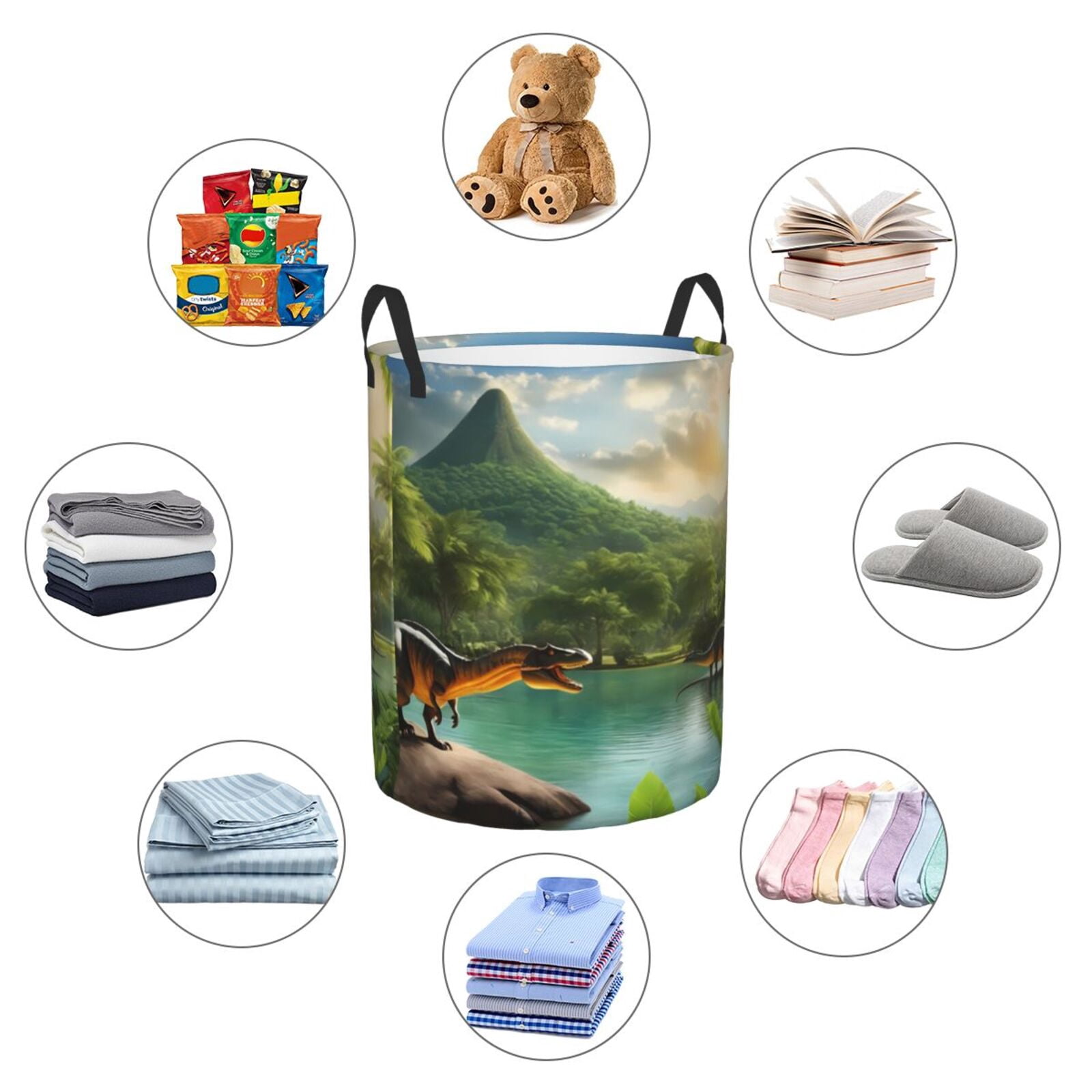 Large Laundry Basket with Handles - Lake Forest Dinosaur Kids Baby Dirty Clothes Laundry Hamper for Bedroom Aesthetic