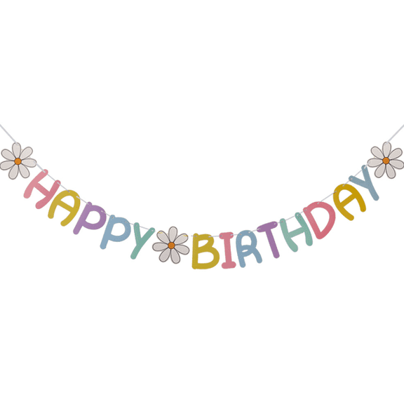 Happy Birthday Banner, Colorful Daisy Flower Garland, Pastel Multicolor, Party Decoration