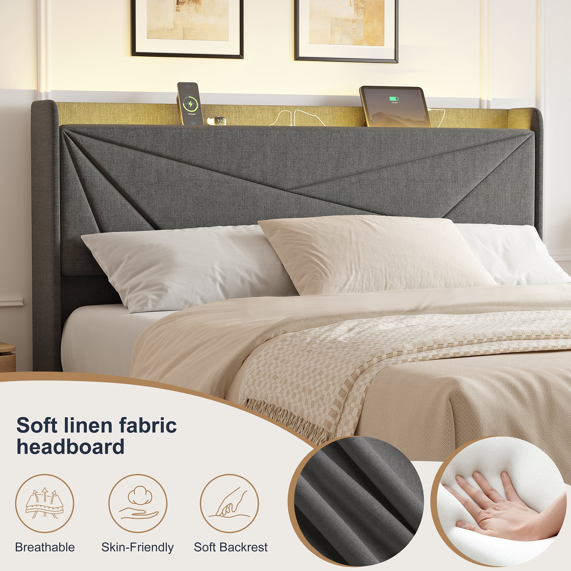 GUNAITO Queen Size Bed Frame with 4 Storage Drawers, Upholstered LED Bed with USB Ports, Modern Bed with Headboard Noise Free Platform Bed with Metal Frame, Dark Gray