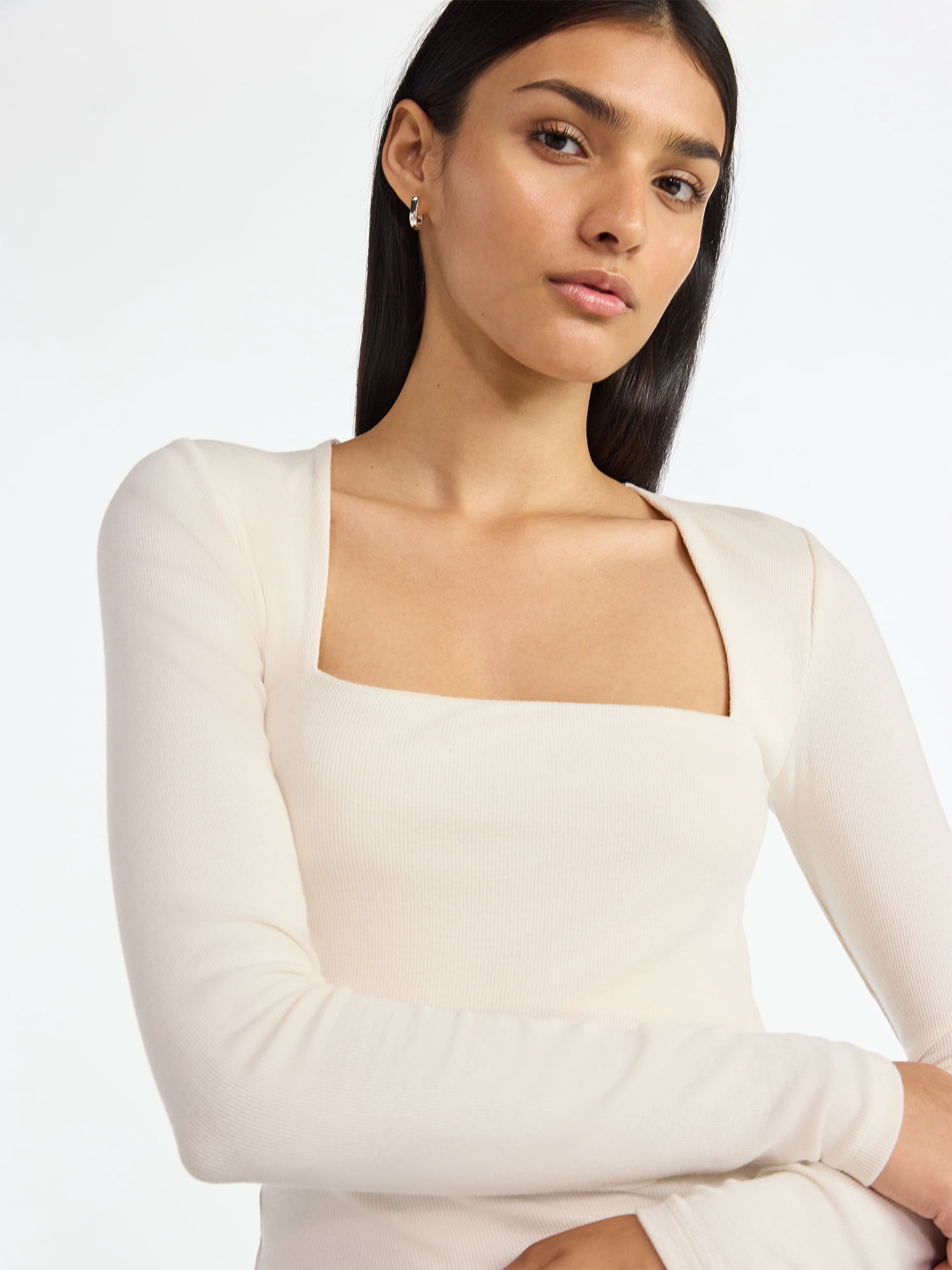 Scoop Women’s Ribbed Square Neck Top with Long Sleeves, Sizes XS-XXL