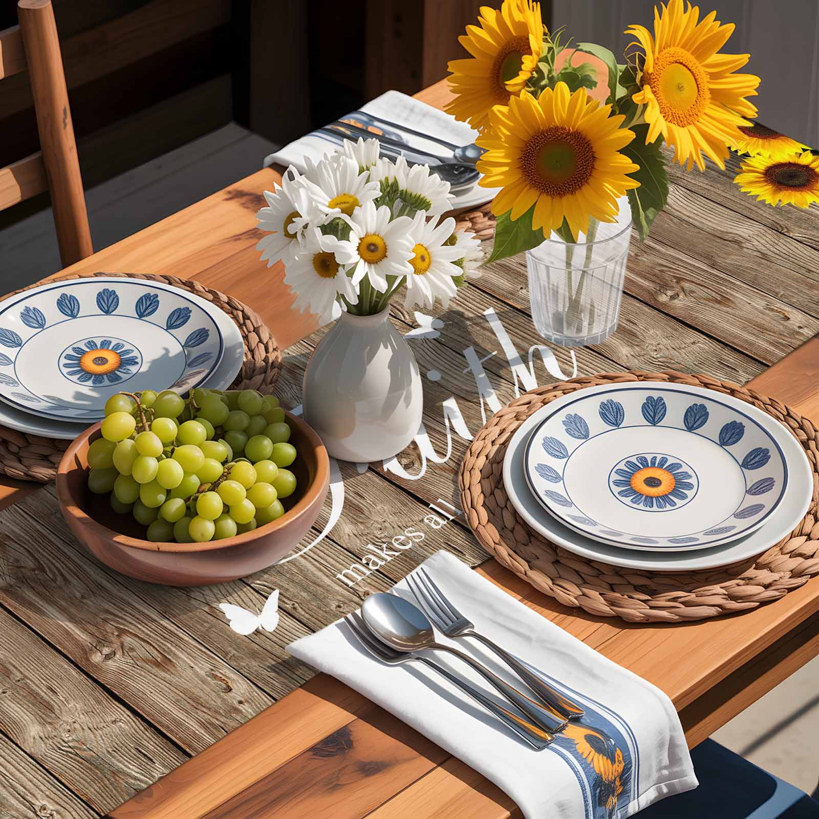 Farmhouse Sunflowers Leaves on Wood Plank Table Runner 90 Inches Long, Rural Floral Table Runners Tabletop Scarf Kitchen Dining Tables Decoration for Home Party Indoor Outdoor