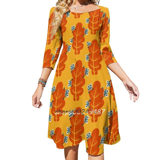 Lindos insectos comiendo hojas de otoño, dulce y elegante vestido para mujer, vestido coreano kawaii con cuello cuadrado, linda hoja de otoño mordida natural