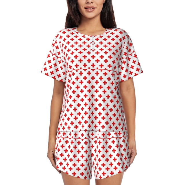 Xecao Red Cross Pattern Women's Short Sleeve Pajama Set Soft Sleepwear Lounge Set with Button Front Top and Drawstring Shorts with Pockets-Small