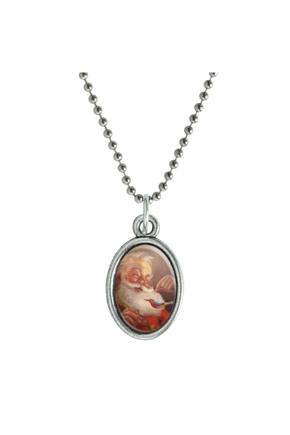 Christmas Holiday Santa Painting Tree Ornament Antiqued Oval Charm Pendant with Chain