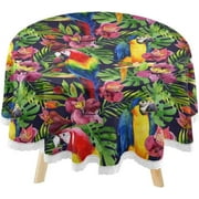 SKYSONIC Summer Colorful Parrots Round Tablecloth 60inch Indoor Wrinkle Free, Tropical Floral Palm Circular Lace Table Cover Washable for Kitchen Party BBQ Dining Decor