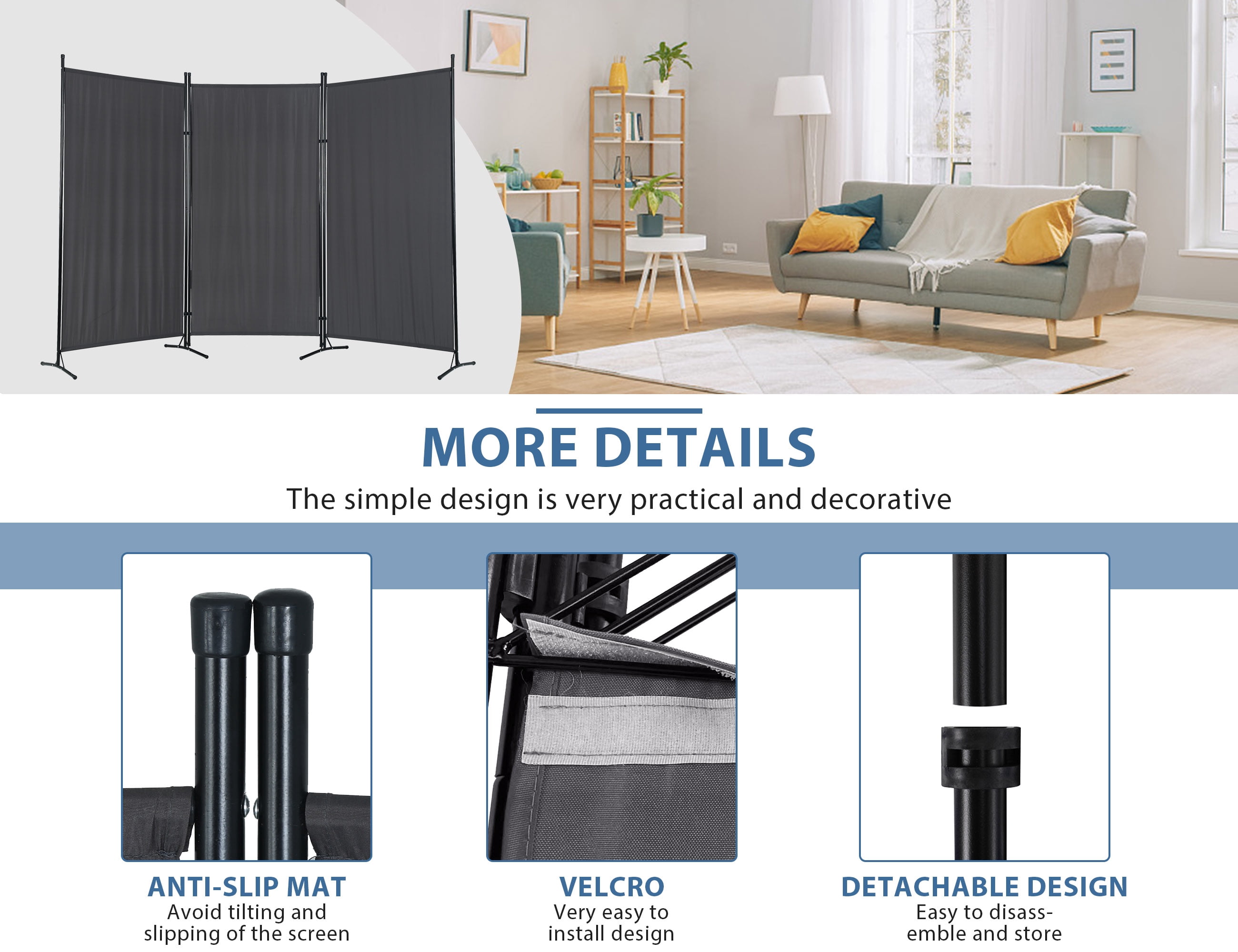 YRLLENSDAN Room Dividers Screen with 3 Panels, Temporary Wall Partitions and Dividers Freestanding Folding Privacy Screen for Room Bedroom Metal Frame Portable Wall Divider Room Separation