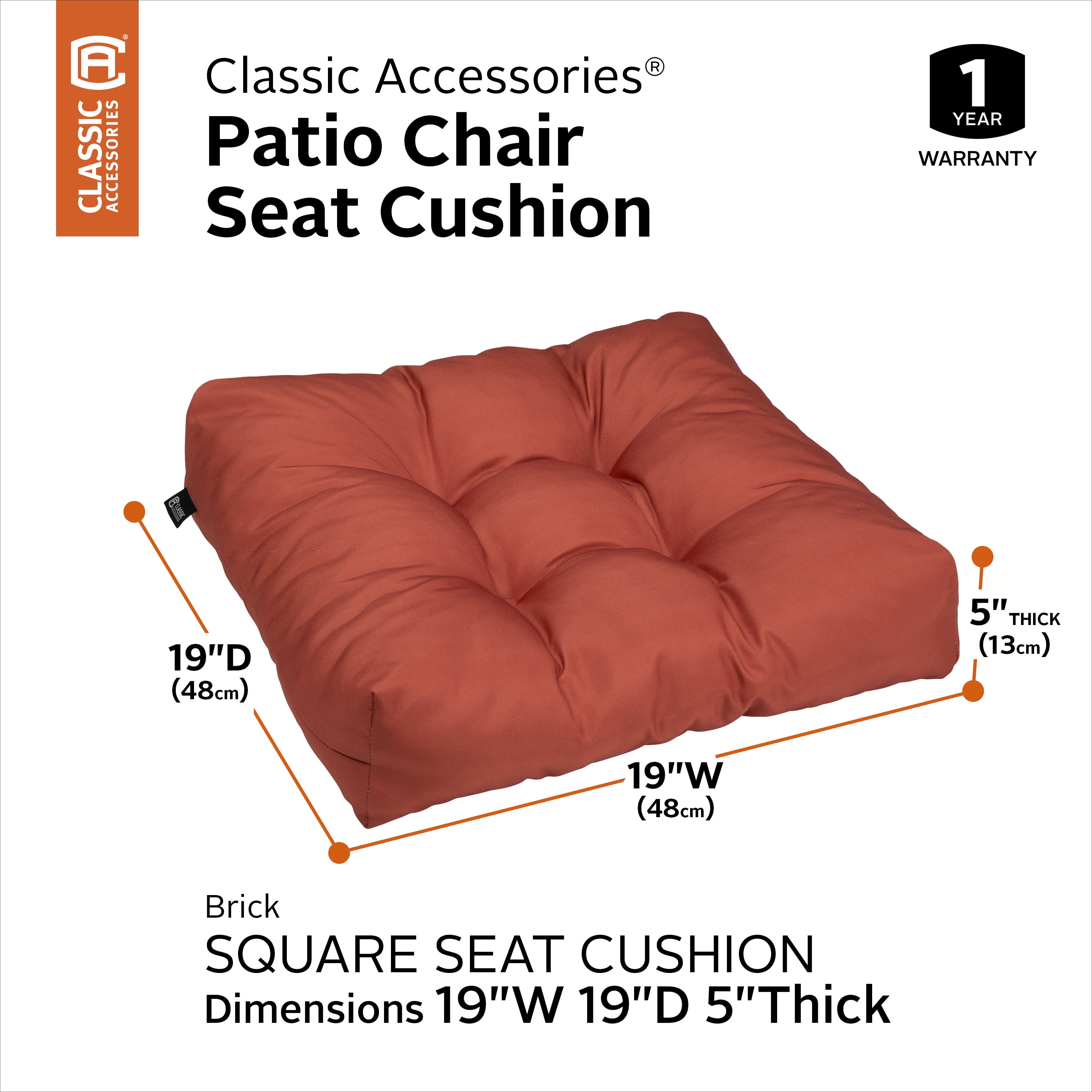 Classic Accessories Water-Resistant Square Patio Seat Cushions, 19 x 19 x 5 inch, Brick, 2 Pack