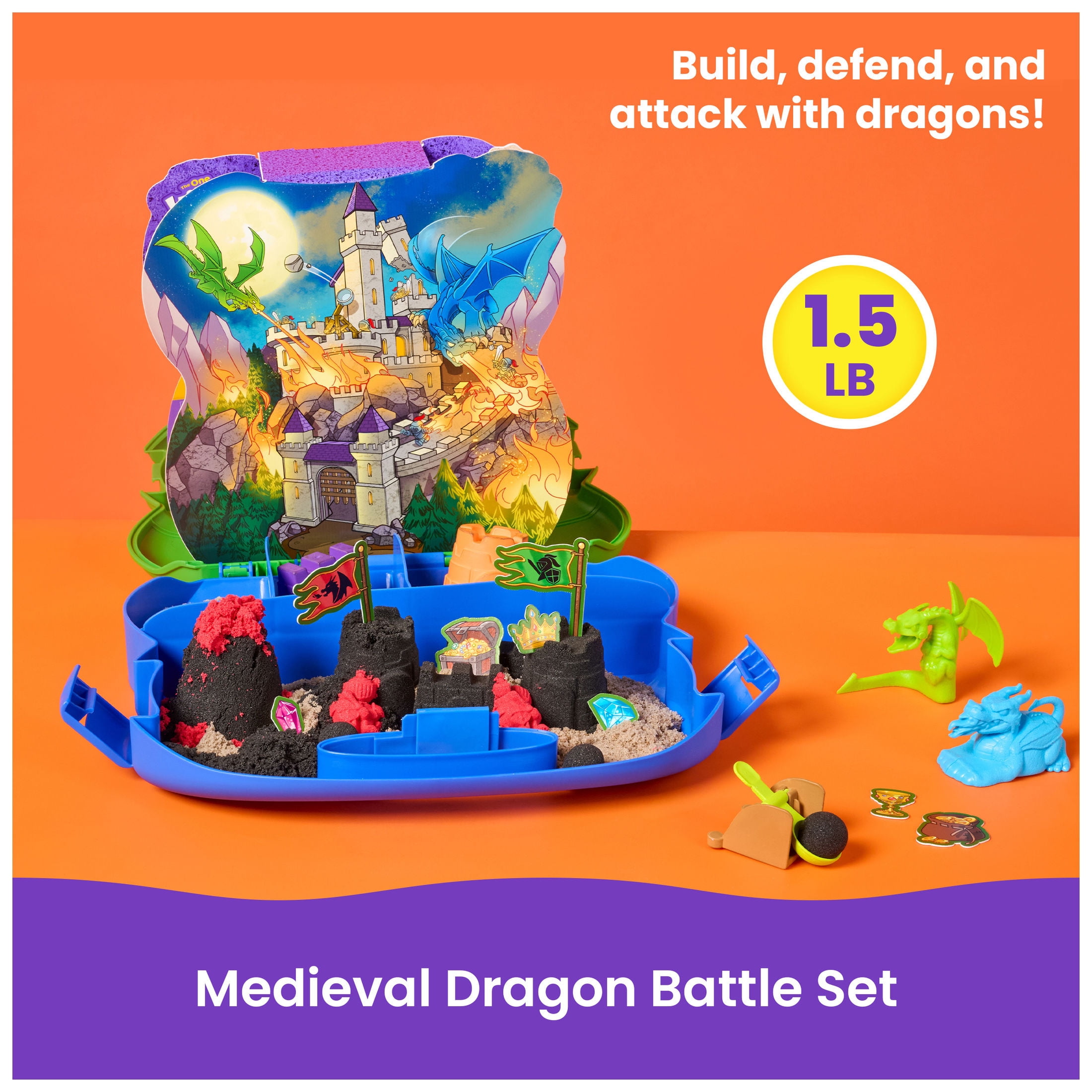 Kinetic Sand, Dragon Attack with 2 Dragons, Catapult & Molds for Kids Ages 3 and up