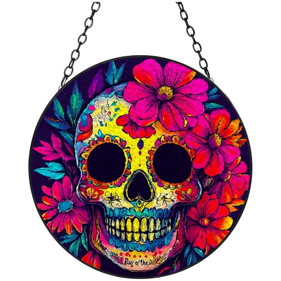 Stained Glass Suncatcher Colorful Sugar Skull with Flowers Handmade Window Hanging Colored Glass Suncatcher Crafts Kits for Indoor Garden Christmas Decor Memorial Gift 16x16cm-5