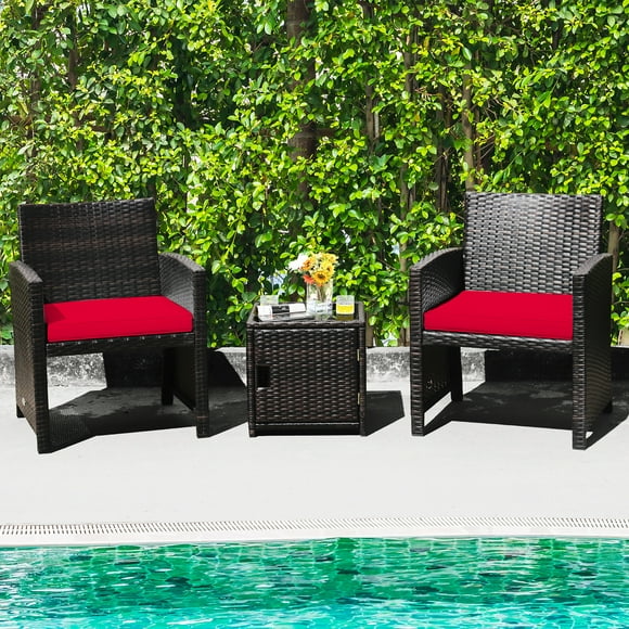 Costway 3PCS Patio Wicker Furniture Set Storage Table W/Protect Cover Red