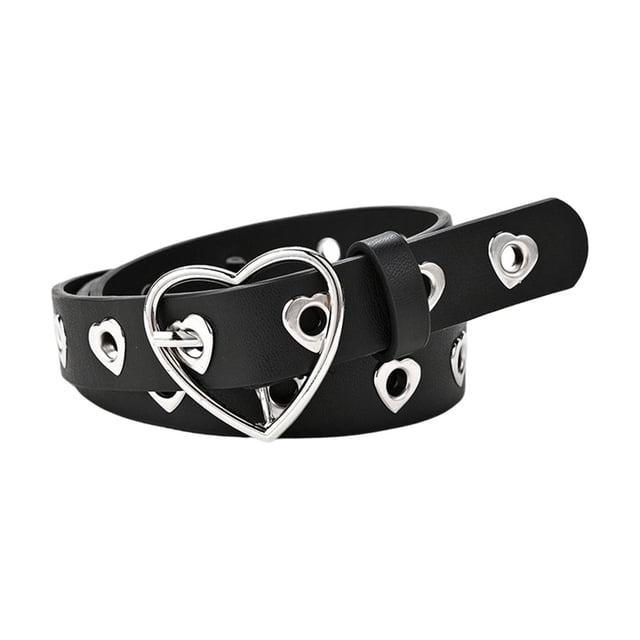 Cinturón con hebilla de metal con forma de corazón para mujer, elegante y sencillo cinturón de piel sintética para vaqueros, accesorios Harajuku para mujer, vestido Corazón negro B 106x2.3cm