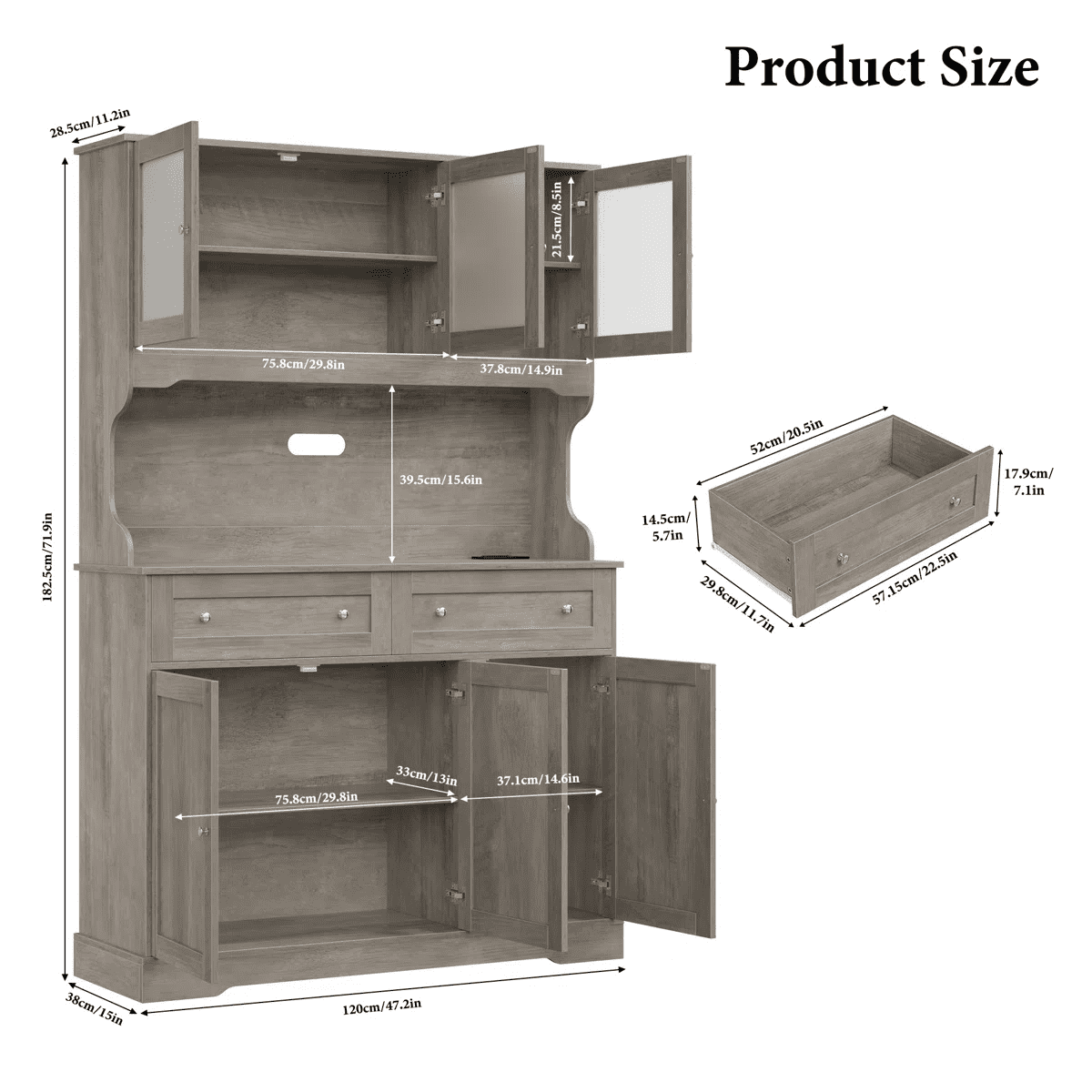 Hiphuta 72"Tall Kitchen Pantry Storage Cabinet with Power Outlet, Freestanding Cupboard Storage Buffet Hutch with Microwave Stand, Storage Pantry with Drawers & Glass Doors, Ash Gray