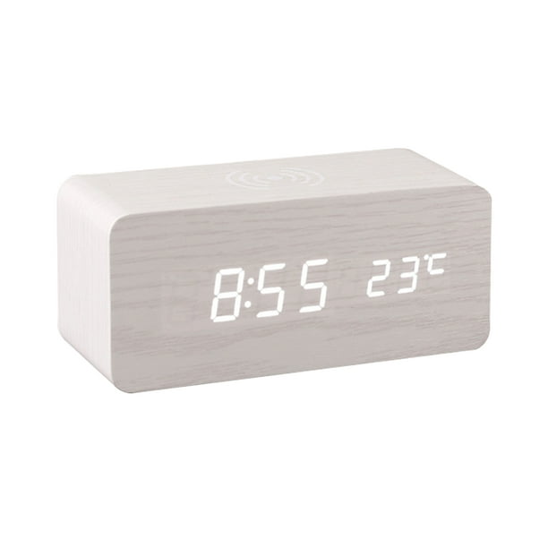 Reloj despertador digital de madera Pantalla LED electrónica de tiempo para dormitorio Carga inalámb Tomshoo Blanco