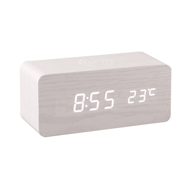 Reloj despertador digital de madera Pantalla LED electrónica de tiempo para dormitorio Carga inalámb Tomshoo Blanco