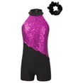 thumbnail image 3 of Doomiva Kids Girls Sleeveless Mock Neck Sequins Latin Jazz Ballet Dance Jumpsuit Biketard Unitard and Hair Scrunchies Hot Pink&Black 6, 3 of 7