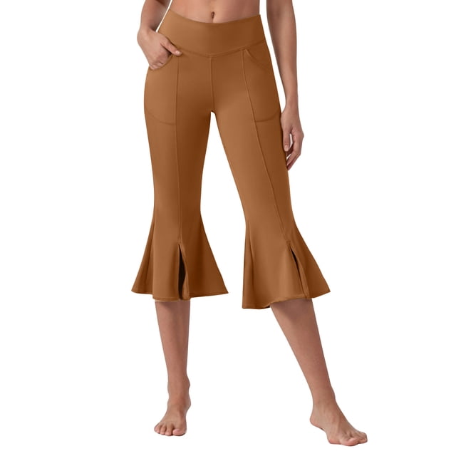 Miqool Womens Flare Capri Leggings High Waisted Tummy Control Yoga Pants Casual Ruffle Bell Bottom Capris Pants with Pockets