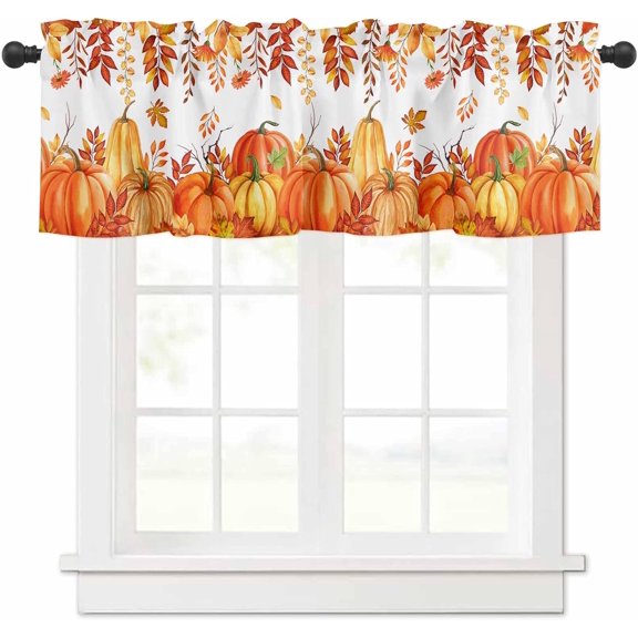 Fall Thanksgiving Curtain Valance for Windows Autumn Pumpkin Maple Leaves Eucalyptus Leaves Watercolor Window Treatments 1 Panel Short Curtains for Kitchen Windows Bathroom Bedroom,54 x 18 Inch