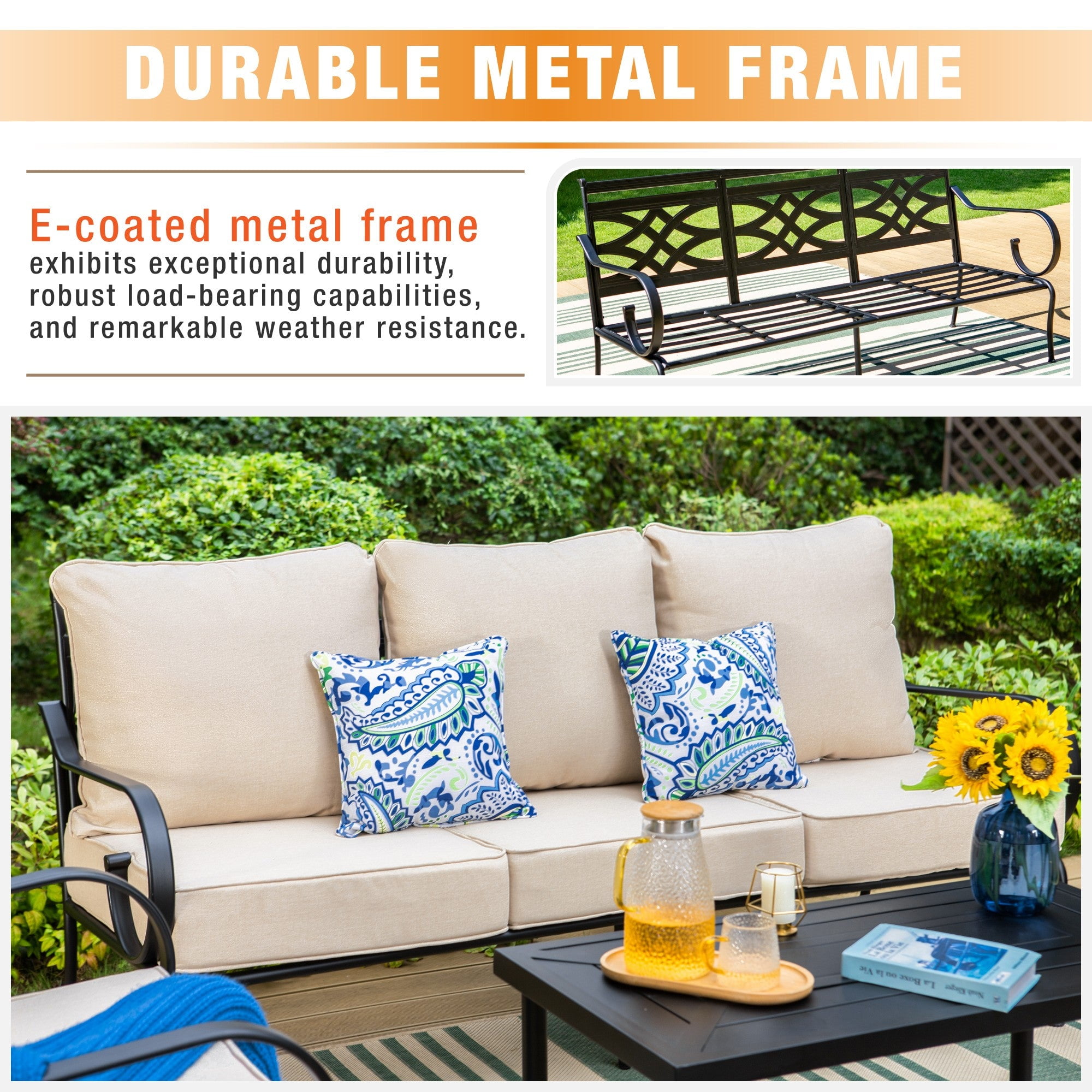 Sophia & William 4 Pieces Metal Patio Furniture Set Outdoor Sectional Conversation Set, Beige