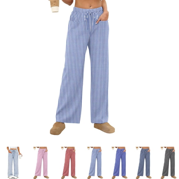 Swuxness Women Pajama Pants Straight-Leg Long Stripe with Elastic Waist Homewear