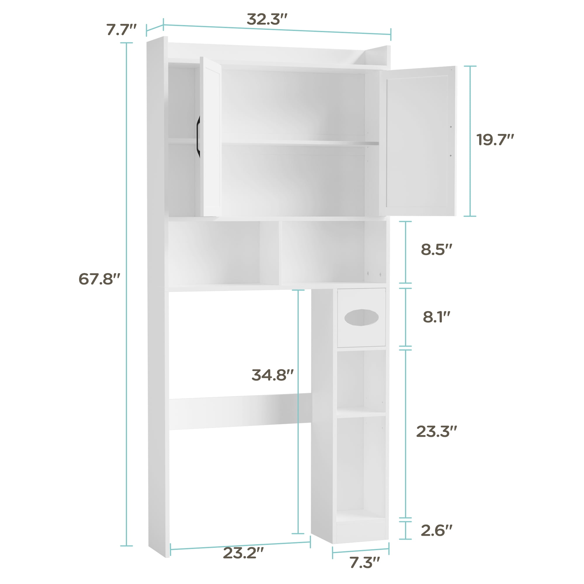 DIYART 67.8" H Over The Toilet Storage Cabinet with Adjustable Shelves & Toilet Paper Holder, Farmhouse Over Toilet Bathroom Organizer, Double Door Toilet Cabinet for Bathroom, and Laundry, White