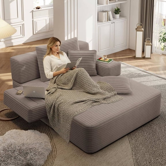 2-in-1 Oversized Corduroy Chaise Lounge Chair with Side Pocket, 3 Pillows & 300 lb Capacity (Brown)