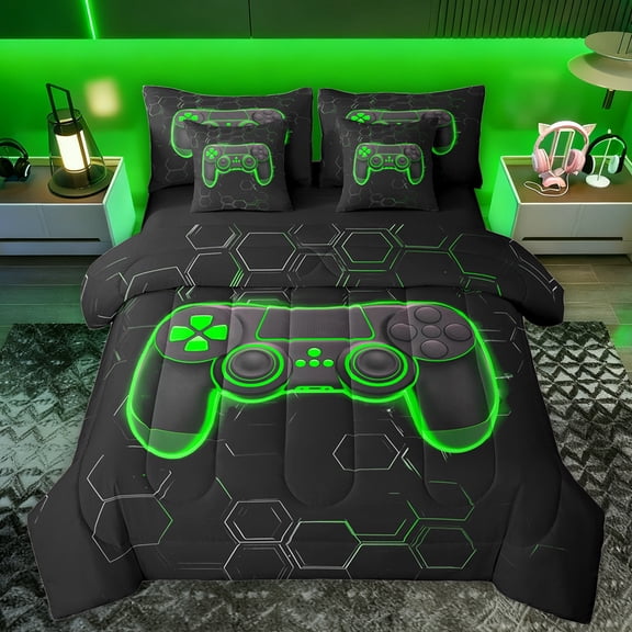 Manfei Kids Green Gamepad Twin Bedding Sets 7-Piece, Gamer Gaming Theme Bedding Comforter Set, Modern Fashion Honeycomb Reversible Sheet Sets, Ultra Soft Bedroom Decor