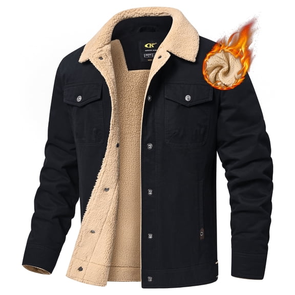 Xidunhg Men's Winter Trucker Cargo Jacket, Sherpa Fleece Lined Thick Thermal Cotton Lapel Work Coat with Multi Pockets Black L