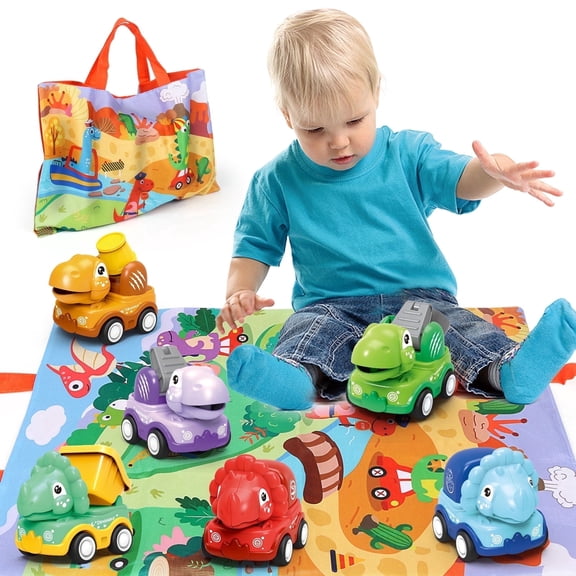 Kids Dinosaur Toy for 2 Year Old Boys, 6PCS Pull Back Construction Cars with Play Mat for Toddler, Baby Friction Power Vehicles Birthday Gift, Cartoon Dino Toy Cars for Kids 3-5