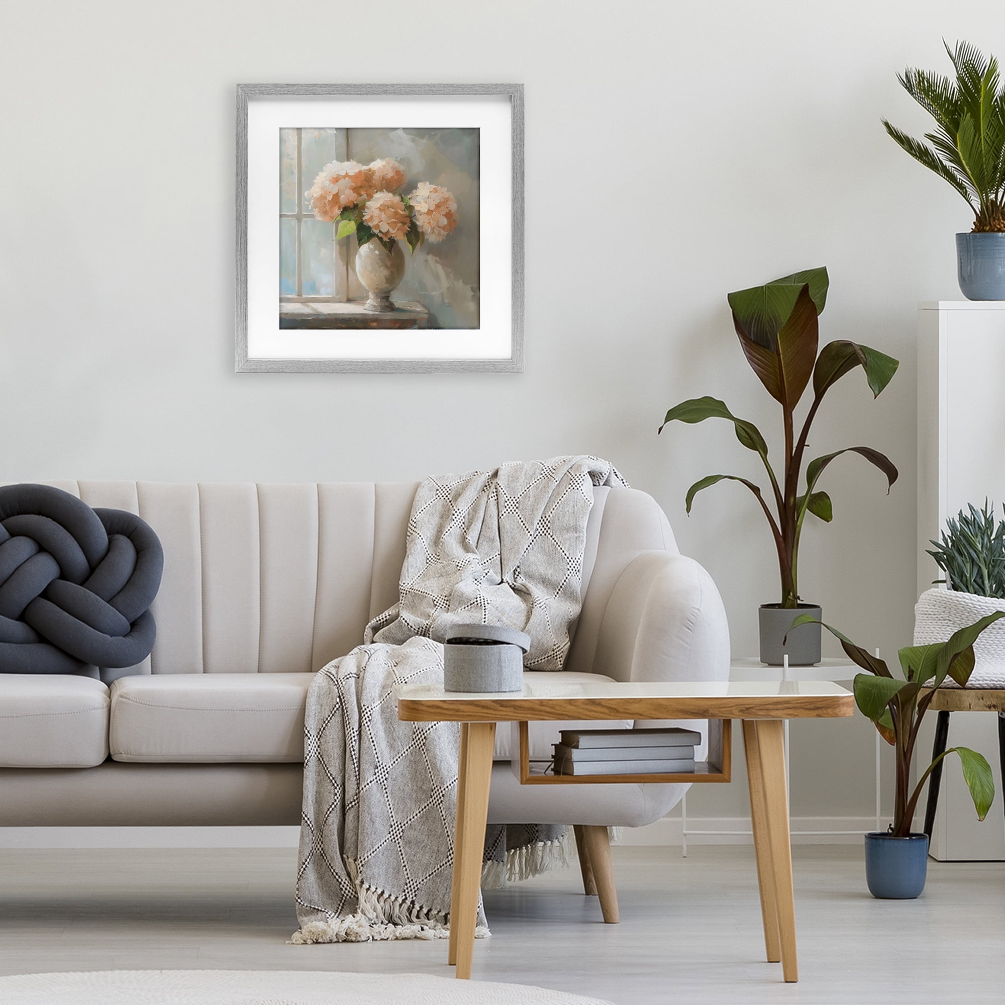 Stupell Industries Pink Hydrangea in Sunlit Vase Gray Framed Print Under Glass, design by Creative Studio