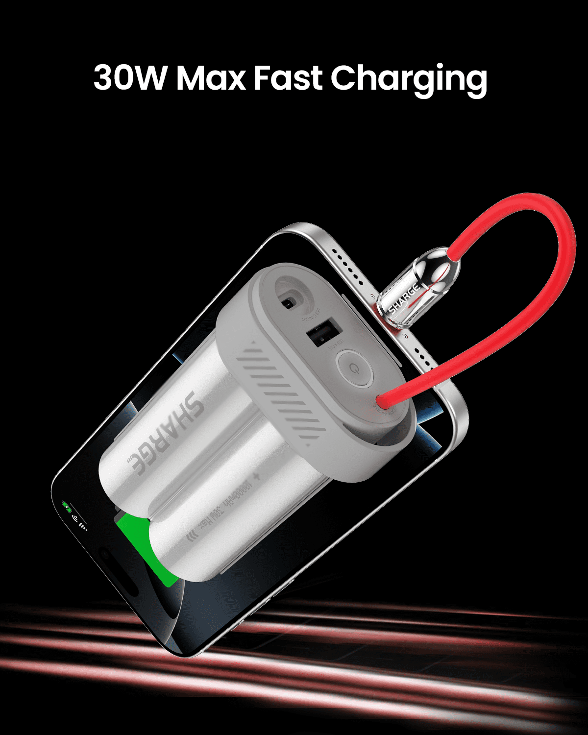 sharge Power Bank 10000mAh 30W Portable Charger with Built-in Type C Cable USB-C and USB-A Port Battery Pack for iPhone 16/15 Galaxy S24 iPad Pixel 9 Gray