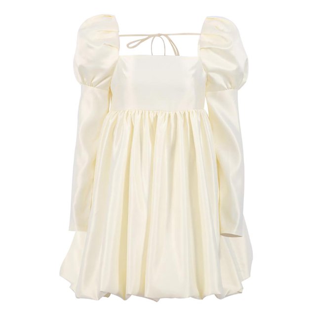 Mnealways18, vestido de fiesta de mujer con mangas abullonadas, vestido de noche elegante con cuello cuadrado, vestido corto de satén Beige plisado