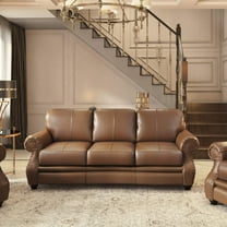 Leather Sofa 3 Seater, Wide Top Grain Leather Couch, Rolled Arm Sofa, Nailhead Trim, Chestnut Brown