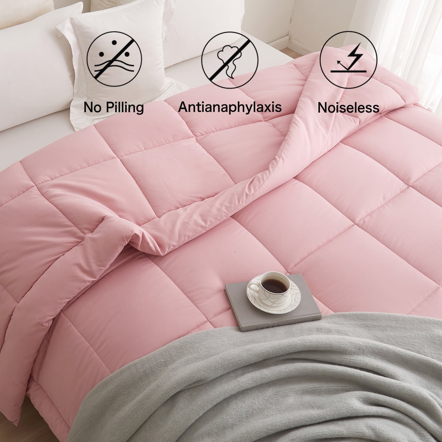 BedTreat Down Alternative Comforter with Corner Tabs - All Season Quilted Queen Size 240 GSM Pink Comforter, Machine Washable Microfiber Bedding