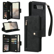 Feishell for Google Pixel 6 Wallet Case with Wrist Strap,Premium PU Leather Zipper Pocket Magnetic Buckle Folio Flip ID Credit Card Slots Shockproof Kickstand Phone Case for Women Men,Black