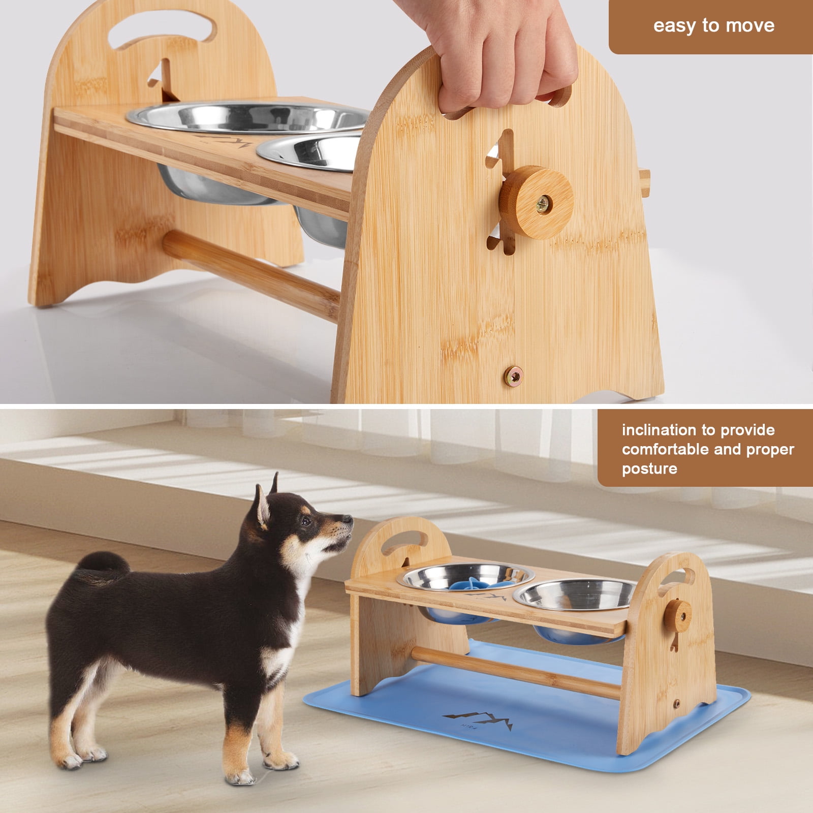 M1R4 Pet Supplies Adjustable Height Small Bamboo Elevated Bowl Bundle with Two Stainless Steel Bowls for Pets, Blue