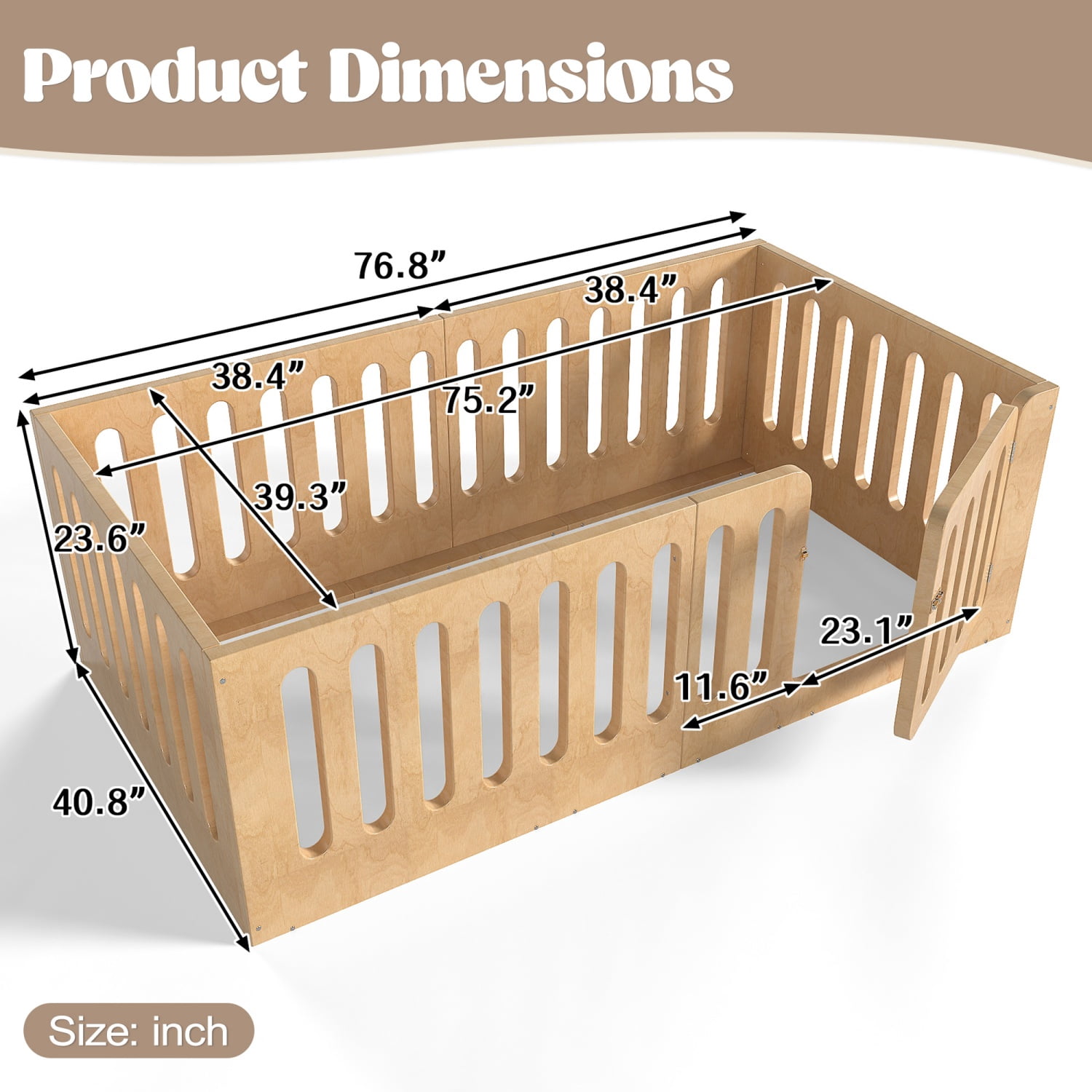 Miniyam Twin Floor Bed for Kids with Door and Guardrails, Low-Profile Wood Bed Frame, Natural