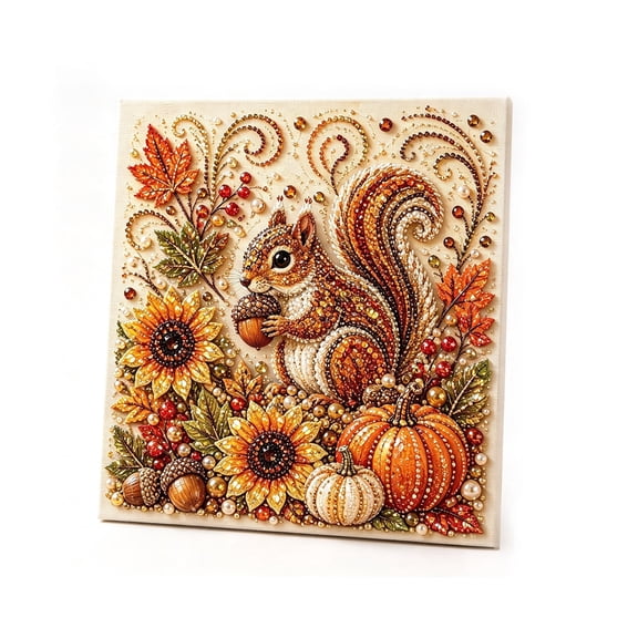 CXKKK Autumn Pearl Painting Kit, Fall Diamond Art Pumpkins Bead Crafts Home Decor For Adults, 3D Sparkling Animals Artwork with Frame Seasonal Wall Art Beginner DIY Party Gift(Squirrel)