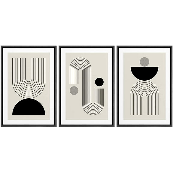 wall26 Framed Wall Art Print Set Black and Gray Semi Circle and Line Art Abstract Patterns Digital Art Modern Art Bohemian Chic Relax/Calm for Living Room, Bedroom, Office - 16"x24"x3 Black